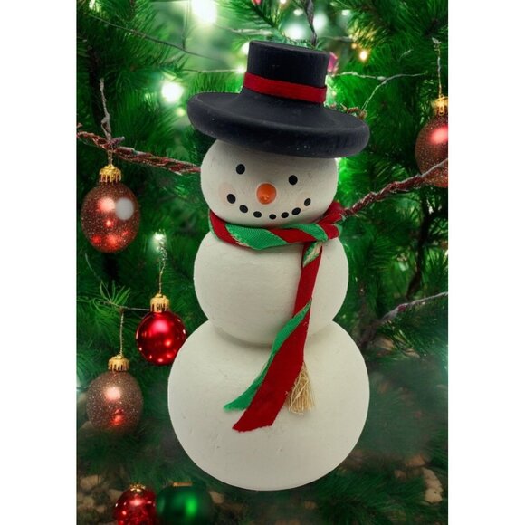 Vintage Classic Snowman Christmas Figurine Black Top Hat Hand Painted - Picture 1 of 8